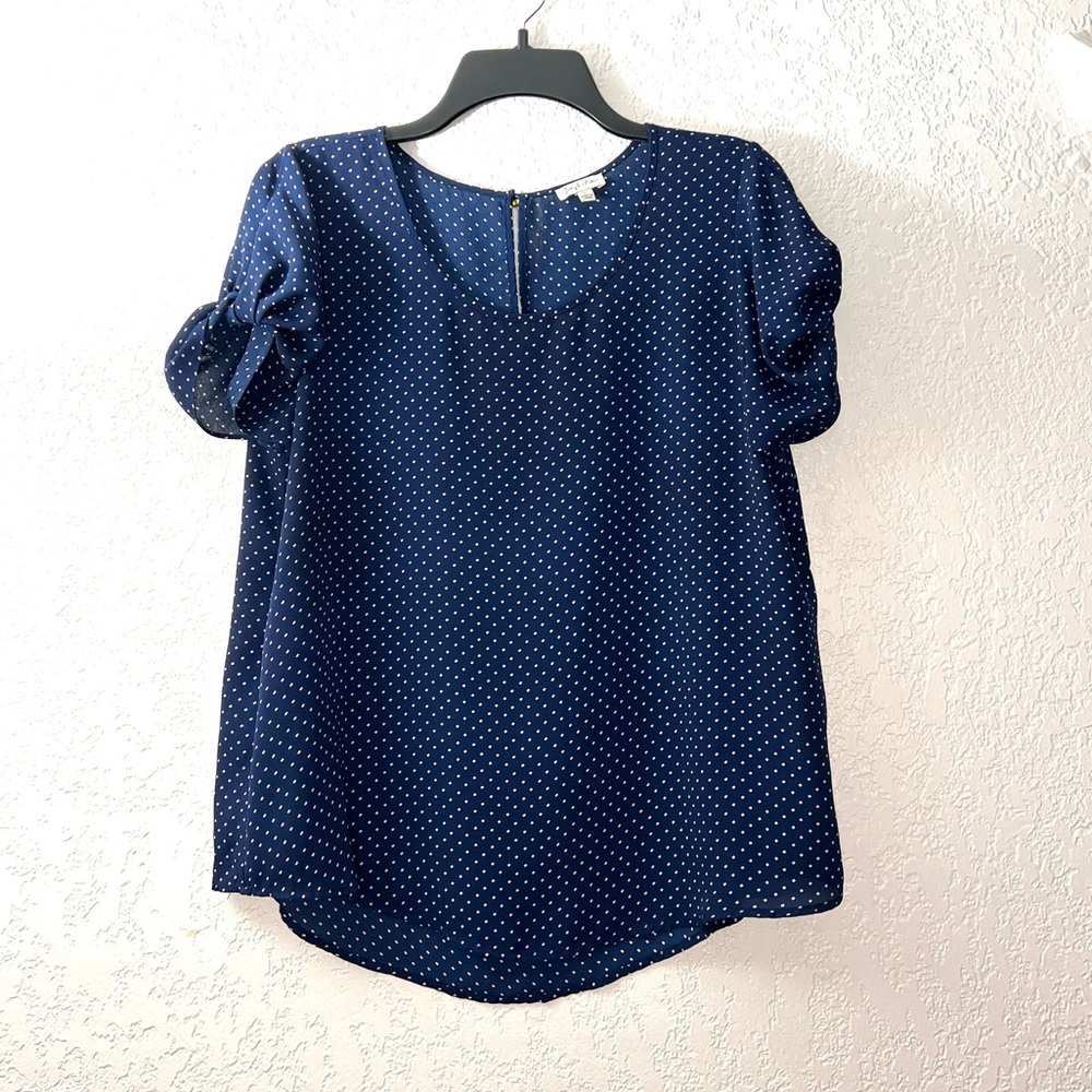 Lily White Blue Pink Rectangular dots High Low hem Casual Blouse Tops